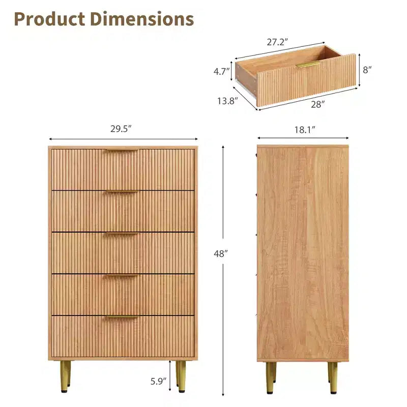 3 Drawer Dresser for Bedroom, 28W Fluted Chest of Drawers with Gold Handles, Wooden Dresser Narrow Nightstand, Clothes Storage Organizer for Bedroom