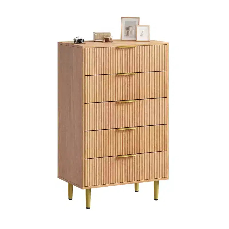 3 Drawer Dresser for Bedroom, 28W Fluted Chest of Drawers with Gold Handles, Wooden Dresser Narrow Nightstand, Clothes Storage Organizer for Bedroom