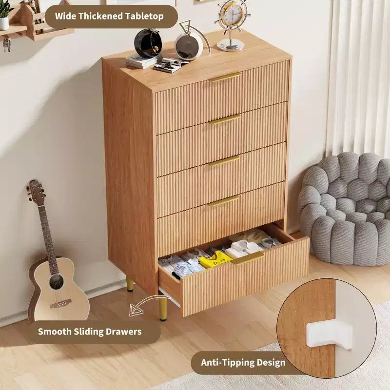 3 Drawer Dresser for Bedroom, 28W Fluted Chest of Drawers with Gold Handles, Wooden Dresser Narrow Nightstand, Clothes Storage Organizer for Bedroom