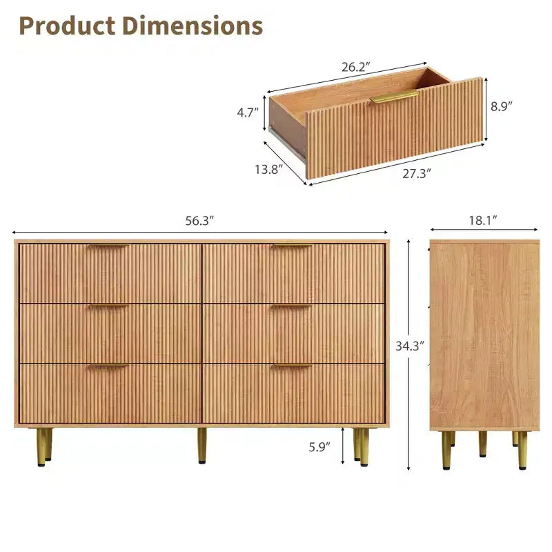 3 Drawer Dresser for Bedroom, 28W Fluted Chest of Drawers with Gold Handles, Wooden Dresser Narrow Nightstand, Clothes Storage Organizer for Bedroom