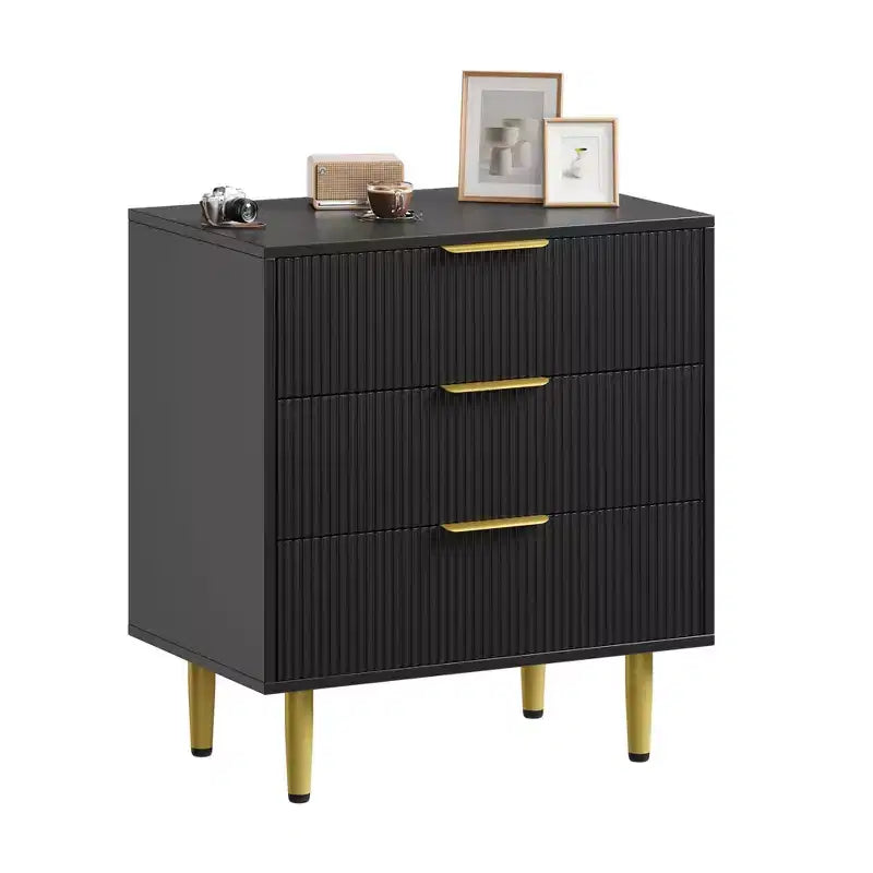 3 Drawer Dresser for Bedroom, 28W Fluted Chest of Drawers with Gold Handles, Wooden Dresser Narrow Nightstand, Clothes Storage Organizer for Bedroom