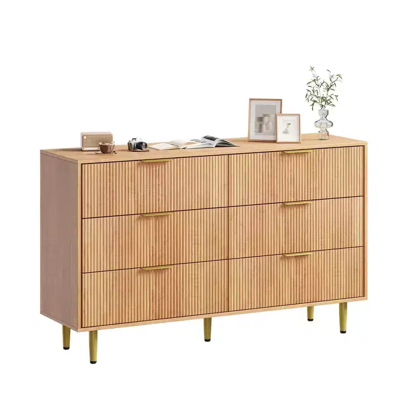 3 Drawer Dresser for Bedroom, 28W Fluted Chest of Drawers with Gold Handles, Wooden Dresser Narrow Nightstand, Clothes Storage Organizer for Bedroom