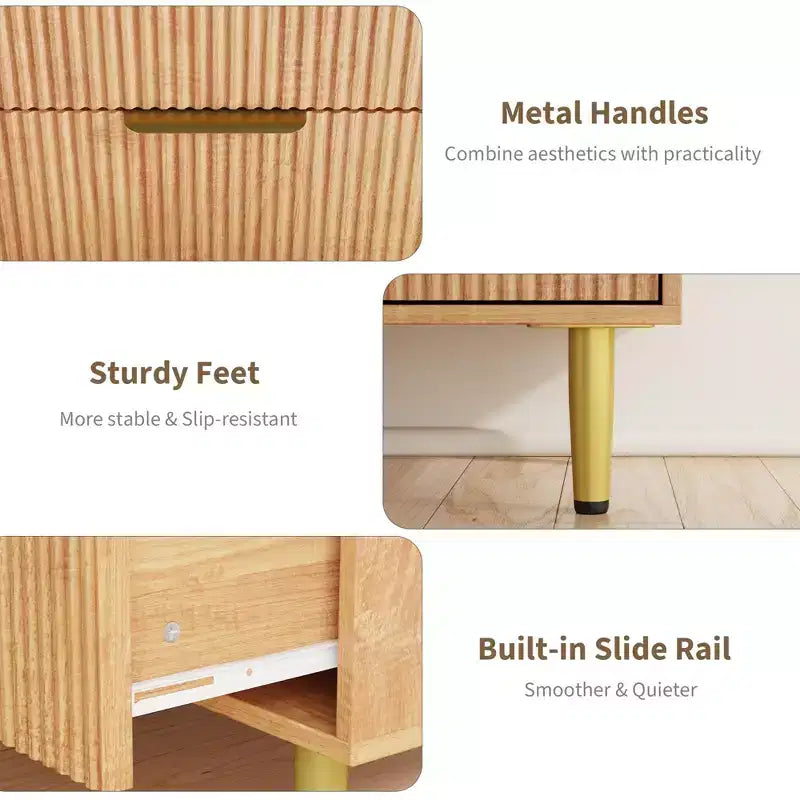 3 Drawer Dresser for Bedroom, 28W Fluted Chest of Drawers with Gold Handles, Wooden Dresser Narrow Nightstand, Clothes Storage Organizer for Bedroom