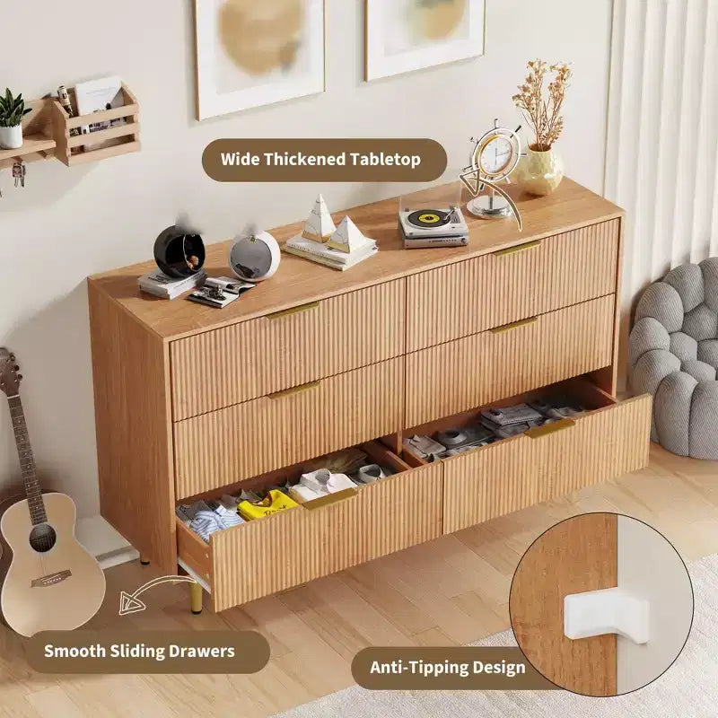 3 Drawer Dresser for Bedroom, 28W Fluted Chest of Drawers with Gold Handles, Wooden Dresser Narrow Nightstand, Clothes Storage Organizer for Bedroom