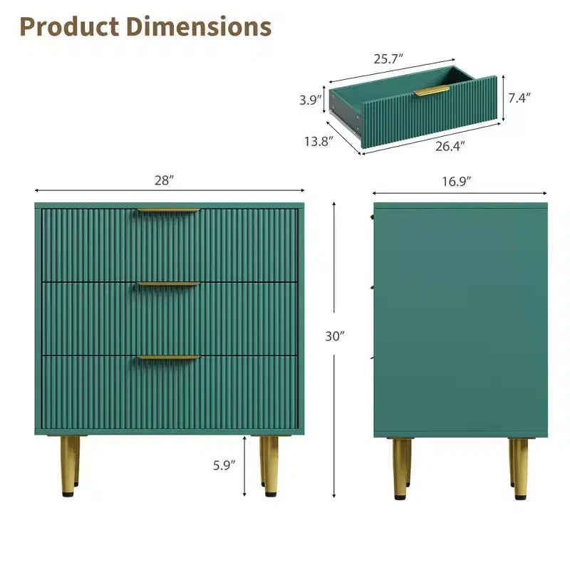3 Drawer Dresser for Bedroom, 28W Fluted Chest of Drawers with Gold Handles, Wooden Dresser Narrow Nightstand, Clothes Storage Organizer for Bedroom