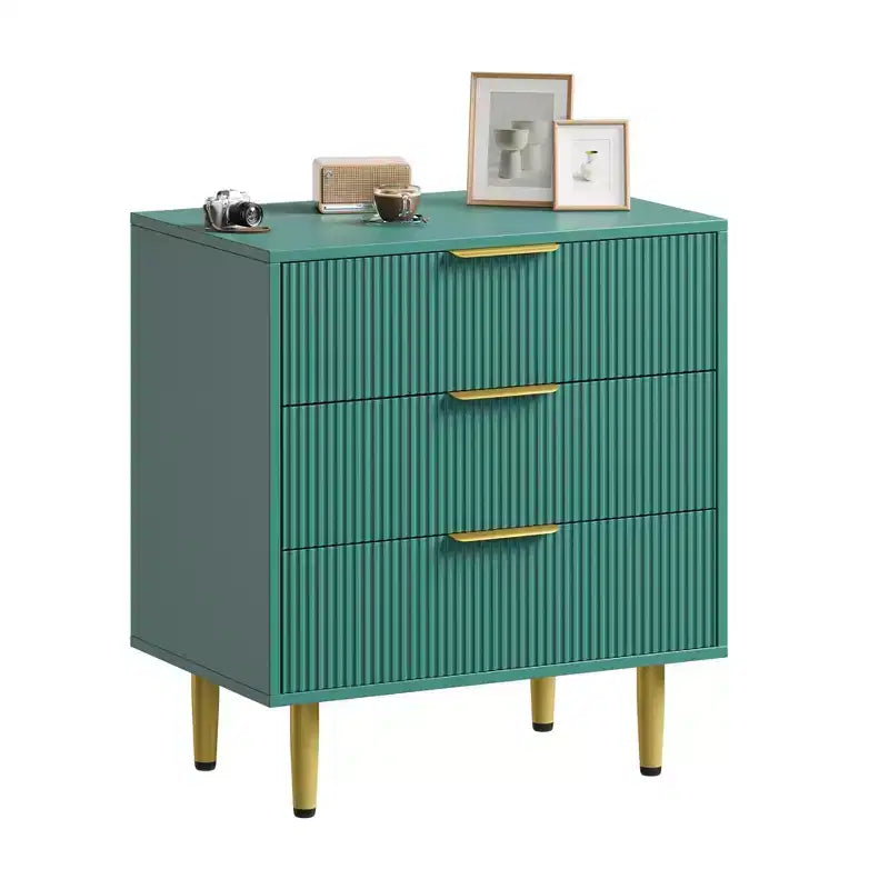 3 Drawer Dresser for Bedroom, 28W Fluted Chest of Drawers with Gold Handles, Wooden Dresser Narrow Nightstand, Clothes Storage Organizer for Bedroom