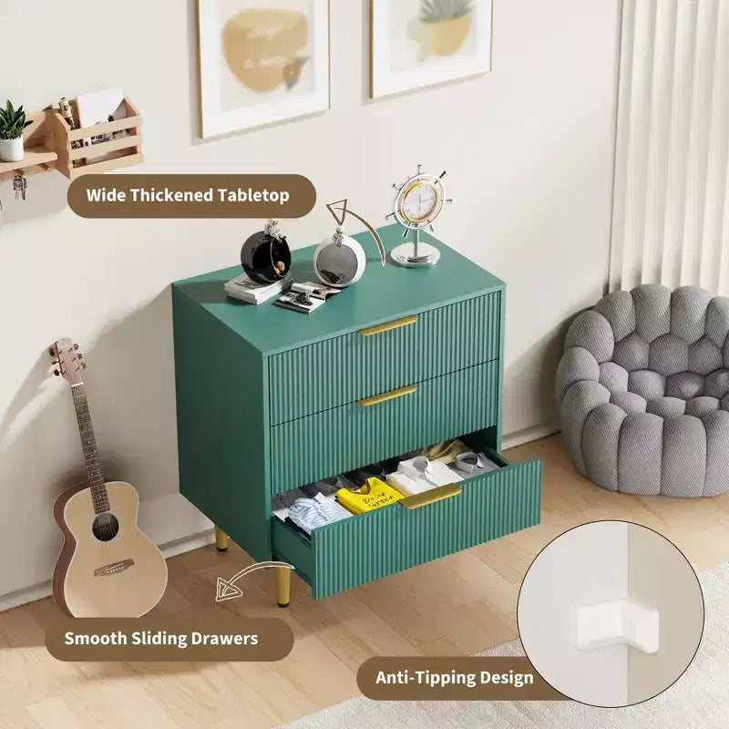 3 Drawer Dresser for Bedroom, 28W Fluted Chest of Drawers with Gold Handles, Wooden Dresser Narrow Nightstand, Clothes Storage Organizer for Bedroom