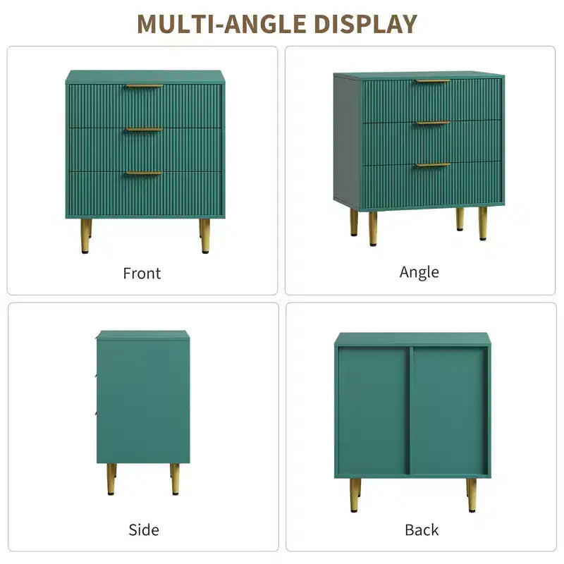 3 Drawer Dresser for Bedroom, 28W Fluted Chest of Drawers with Gold Handles, Wooden Dresser Narrow Nightstand, Clothes Storage Organizer for Bedroom