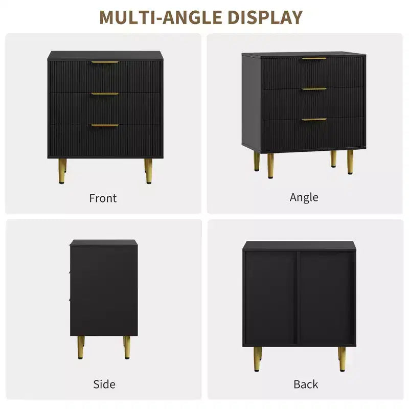 3 Drawer Dresser for Bedroom, 28W Fluted Chest of Drawers with Gold Handles, Wooden Dresser Narrow Nightstand, Clothes Storage Organizer for Bedroom