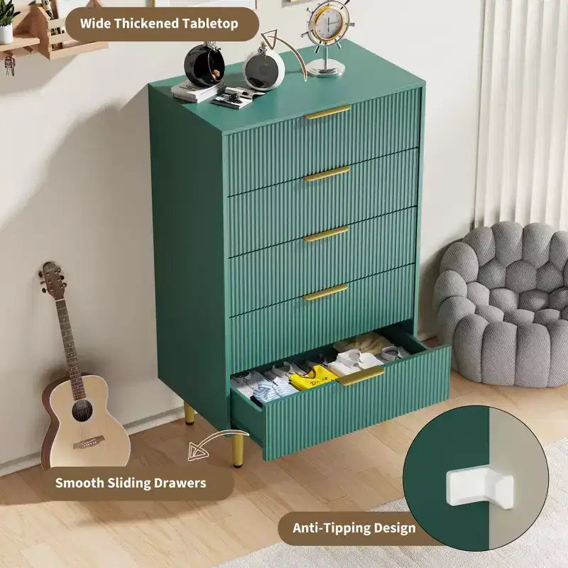 3 Drawer Dresser for Bedroom, 28W Fluted Chest of Drawers with Gold Handles, Wooden Dresser Narrow Nightstand, Clothes Storage Organizer for Bedroom
