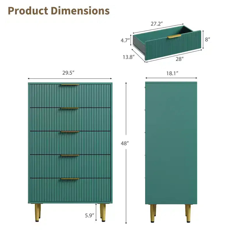 3 Drawer Dresser for Bedroom, 28W Fluted Chest of Drawers with Gold Handles, Wooden Dresser Narrow Nightstand, Clothes Storage Organizer for Bedroom
