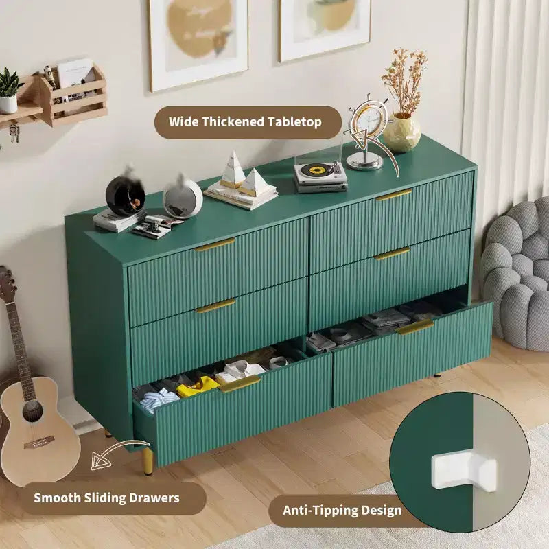 3 Drawer Dresser for Bedroom, 28W Fluted Chest of Drawers with Gold Handles, Wooden Dresser Narrow Nightstand, Clothes Storage Organizer for Bedroom