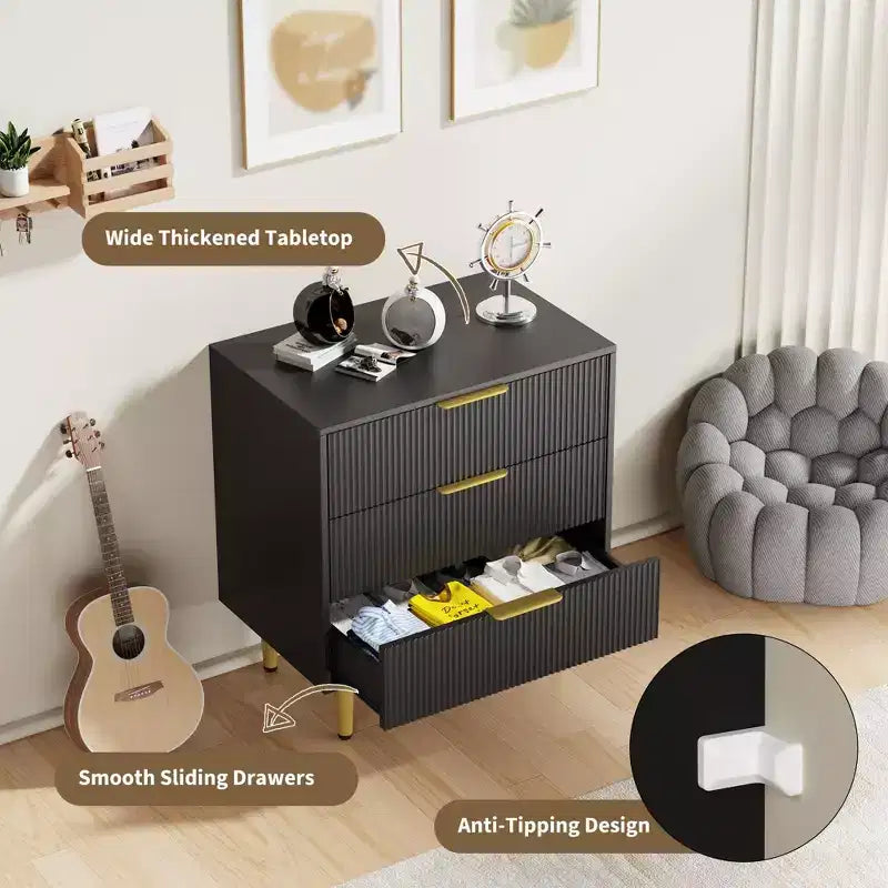 3 Drawer Dresser for Bedroom, 28W Fluted Chest of Drawers with Gold Handles, Wooden Dresser Narrow Nightstand, Clothes Storage Organizer for Bedroom