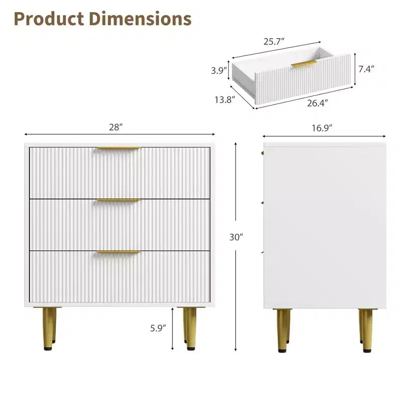 3 Drawer Dresser for Bedroom, 28W Fluted Chest of Drawers with Gold Handles, Wooden Dresser Narrow Nightstand, Clothes Storage Organizer for Bedroom