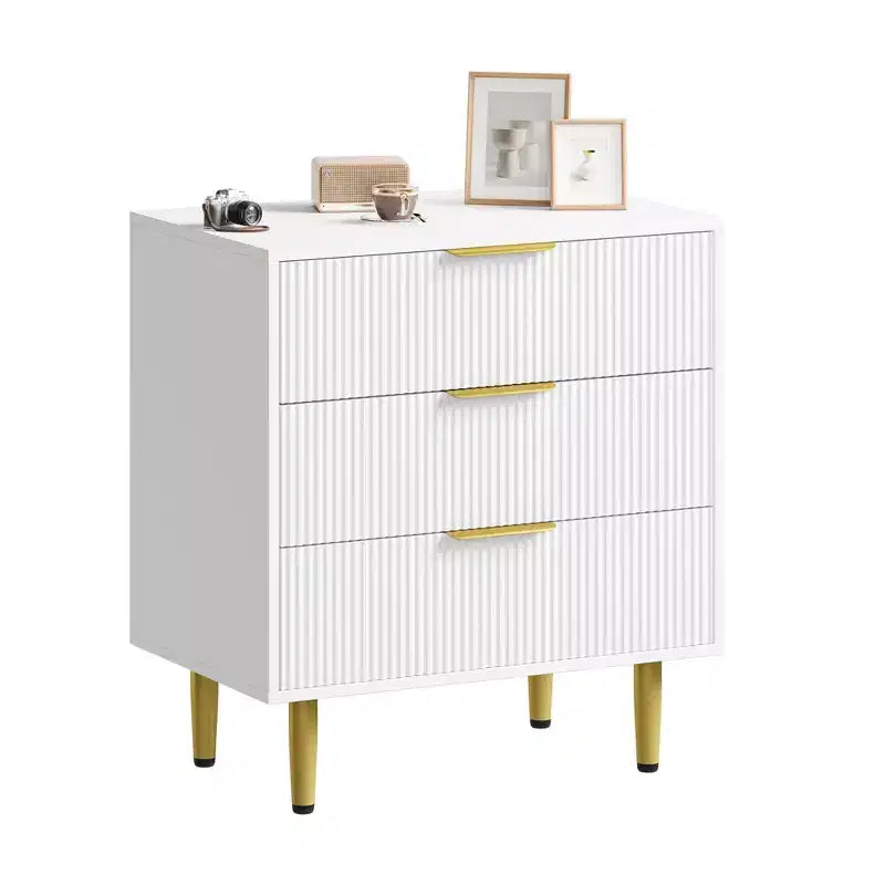 3 Drawer Dresser for Bedroom, 28W Fluted Chest of Drawers with Gold Handles, Wooden Dresser Narrow Nightstand, Clothes Storage Organizer for Bedroom