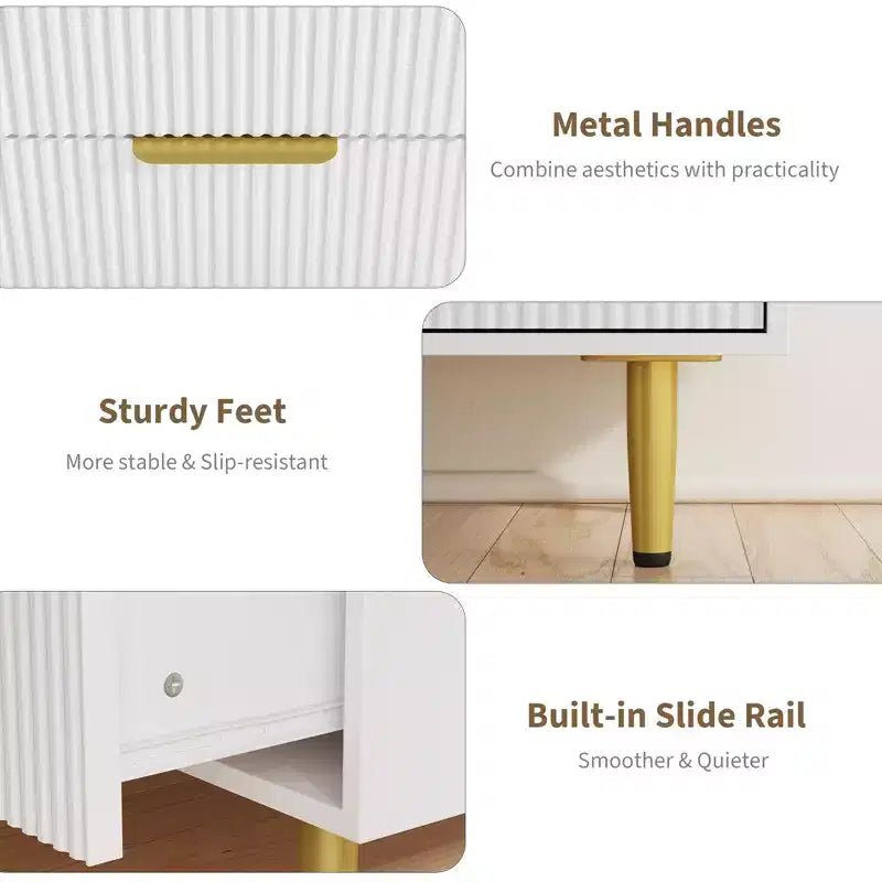 3 Drawer Dresser for Bedroom, 28W Fluted Chest of Drawers with Gold Handles, Wooden Dresser Narrow Nightstand, Clothes Storage Organizer for Bedroom