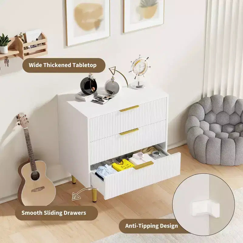 3 Drawer Dresser for Bedroom, 28W Fluted Chest of Drawers with Gold Handles, Wooden Dresser Narrow Nightstand, Clothes Storage Organizer for Bedroom