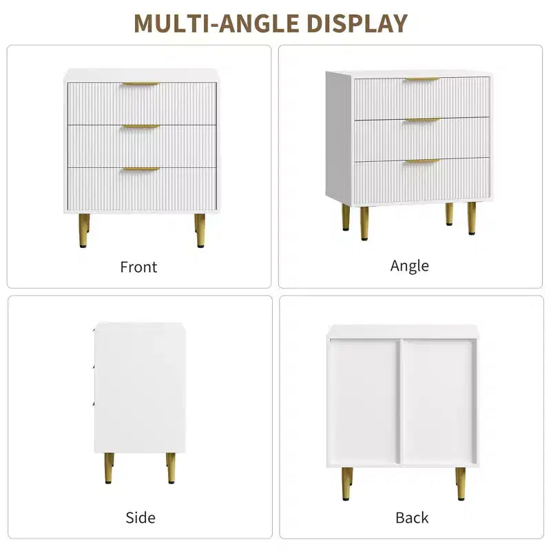 3 Drawer Dresser for Bedroom, 28W Fluted Chest of Drawers with Gold Handles, Wooden Dresser Narrow Nightstand, Clothes Storage Organizer for Bedroom