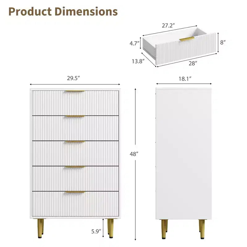 3 Drawer Dresser for Bedroom, 28W Fluted Chest of Drawers with Gold Handles, Wooden Dresser Narrow Nightstand, Clothes Storage Organizer for Bedroom