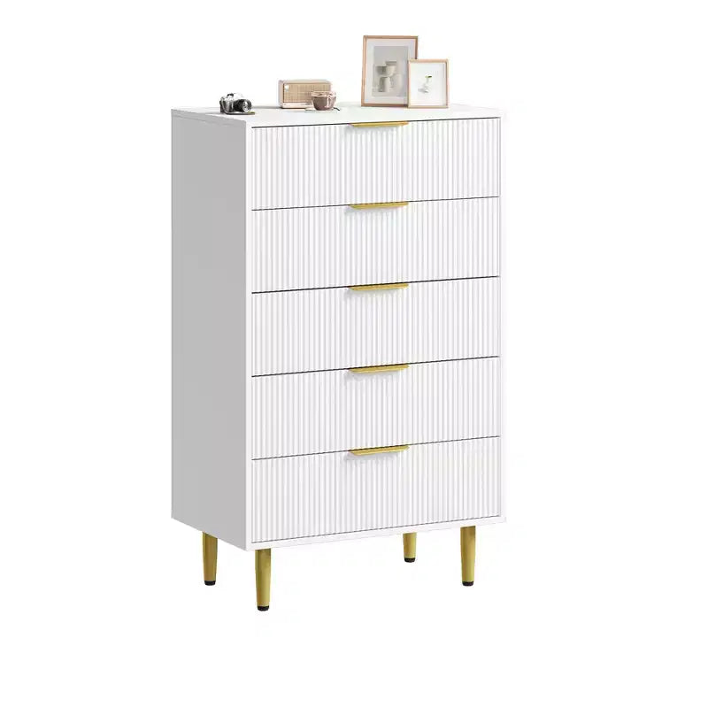 3 Drawer Dresser for Bedroom, 28W Fluted Chest of Drawers with Gold Handles, Wooden Dresser Narrow Nightstand, Clothes Storage Organizer for Bedroom
