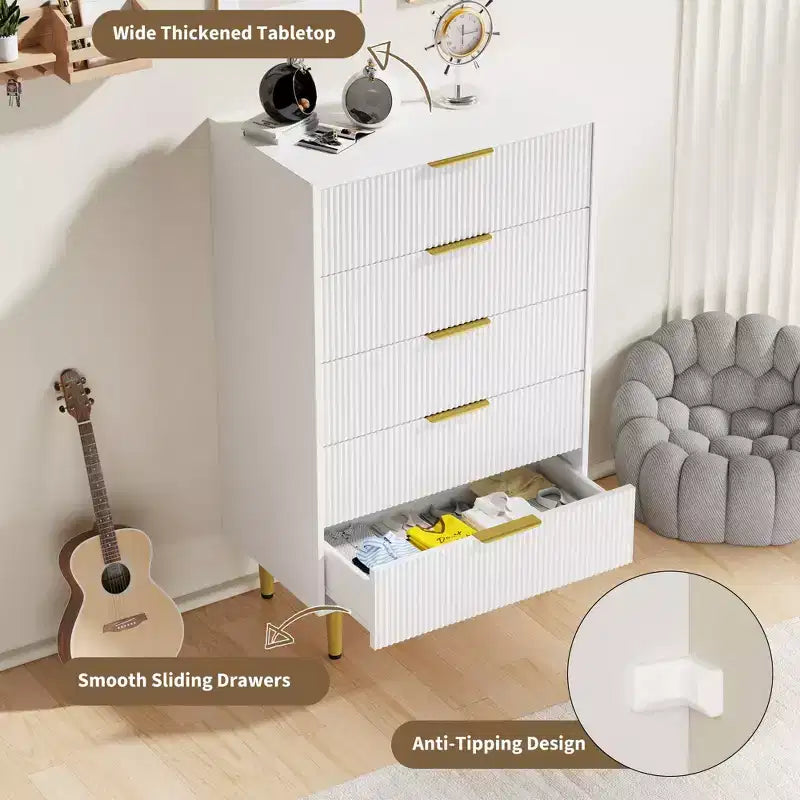 3 Drawer Dresser for Bedroom, 28W Fluted Chest of Drawers with Gold Handles, Wooden Dresser Narrow Nightstand, Clothes Storage Organizer for Bedroom