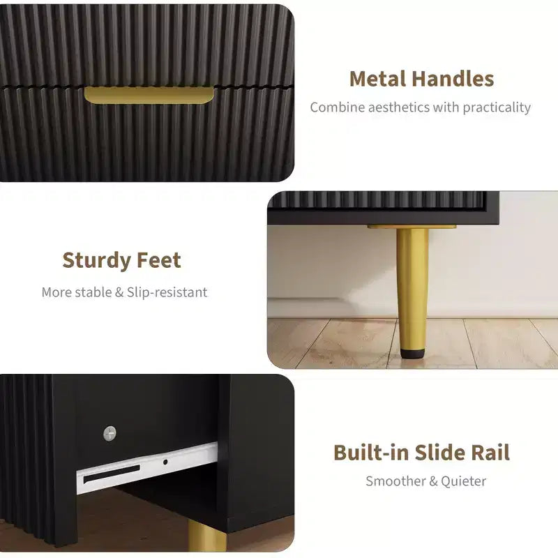 3 Drawer Dresser for Bedroom, 28W Fluted Chest of Drawers with Gold Handles, Wooden Dresser Narrow Nightstand, Clothes Storage Organizer for Bedroom