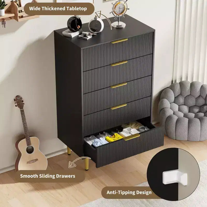 3 Drawer Dresser for Bedroom, 28W Fluted Chest of Drawers with Gold Handles, Wooden Dresser Narrow Nightstand, Clothes Storage Organizer for Bedroom