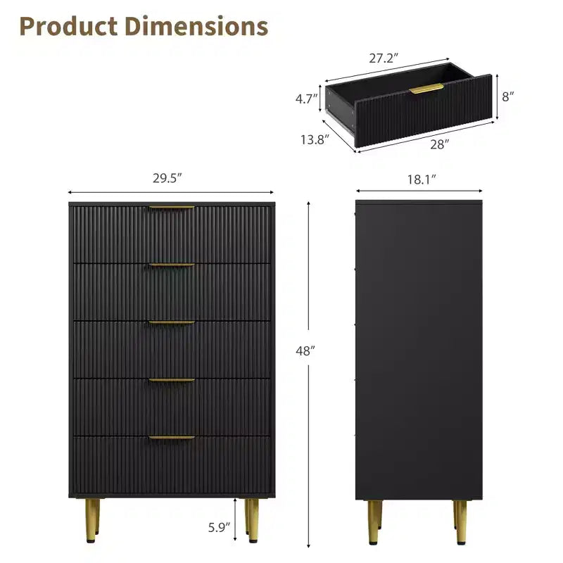 3 Drawer Dresser for Bedroom, 28W Fluted Chest of Drawers with Gold Handles, Wooden Dresser Narrow Nightstand, Clothes Storage Organizer for Bedroom