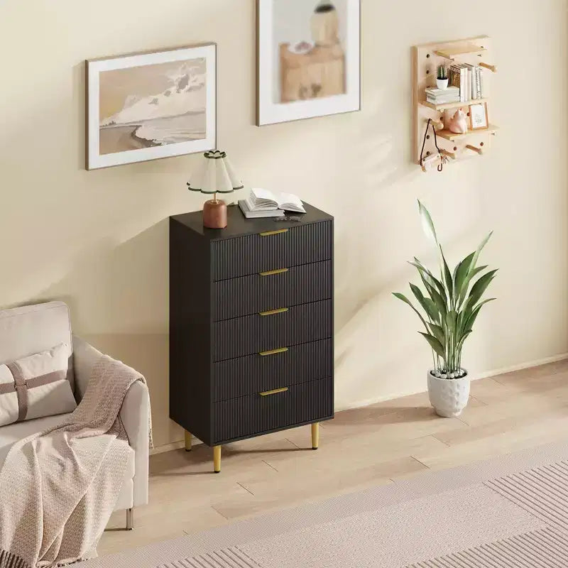 3 Drawer Dresser for Bedroom, 28W Fluted Chest of Drawers with Gold Handles, Wooden Dresser Narrow Nightstand, Clothes Storage Organizer for Bedroom