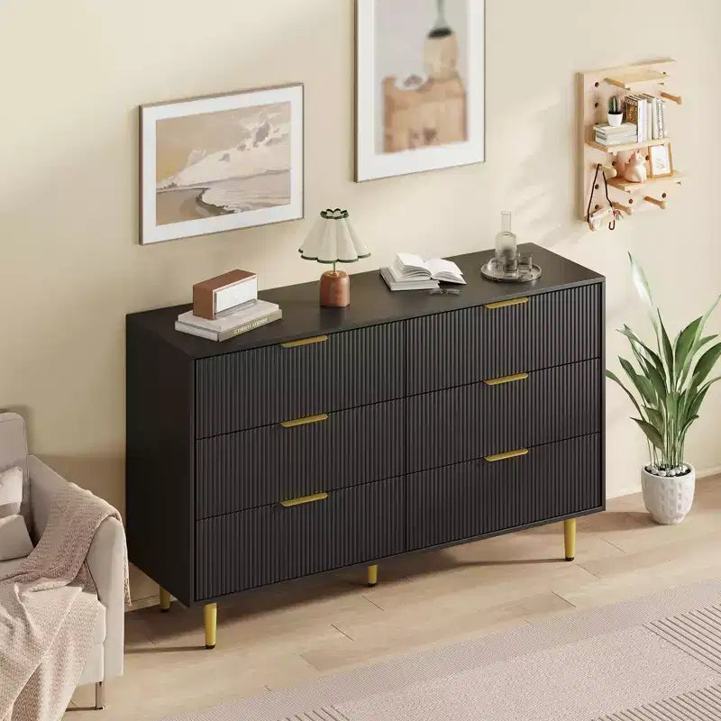 3 Drawer Dresser for Bedroom, 28W Fluted Chest of Drawers with Gold Handles, Wooden Dresser Narrow Nightstand, Clothes Storage Organizer for Bedroom