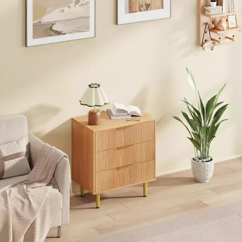 3 Drawer Dresser for Bedroom, 28W Fluted Chest of Drawers with Gold Handles, Wooden Dresser Narrow Nightstand, Clothes Storage Organizer for Bedroom
