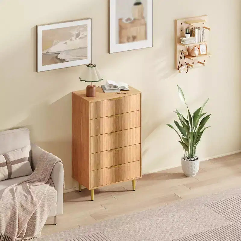 3 Drawer Dresser for Bedroom, 28W Fluted Chest of Drawers with Gold Handles, Wooden Dresser Narrow Nightstand, Clothes Storage Organizer for Bedroom