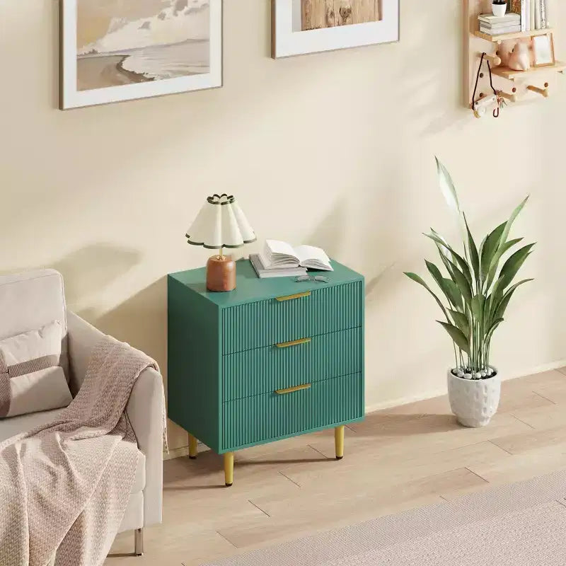 3 Drawer Dresser for Bedroom, 28W Fluted Chest of Drawers with Gold Handles, Wooden Dresser Narrow Nightstand, Clothes Storage Organizer for Bedroom
