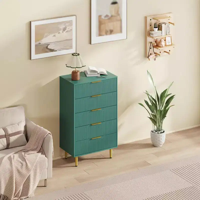 3 Drawer Dresser for Bedroom, 28W Fluted Chest of Drawers with Gold Handles, Wooden Dresser Narrow Nightstand, Clothes Storage Organizer for Bedroom
