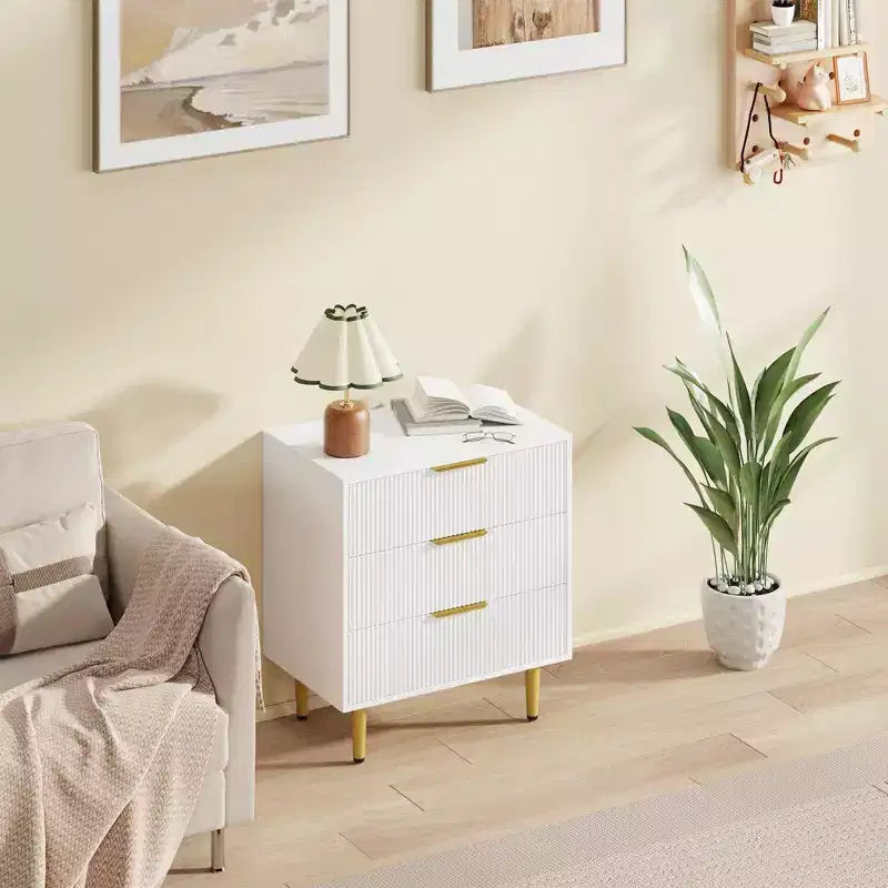 3 Drawer Dresser for Bedroom, 28W Fluted Chest of Drawers with Gold Handles, Wooden Dresser Narrow Nightstand, Clothes Storage Organizer for Bedroom