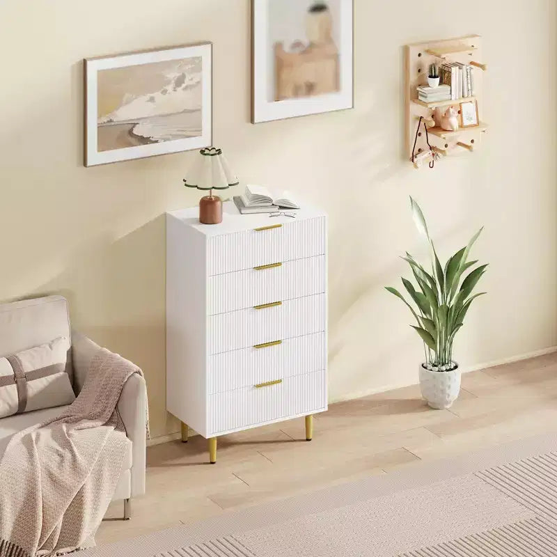 3 Drawer Dresser for Bedroom, 28W Fluted Chest of Drawers with Gold Handles, Wooden Dresser Narrow Nightstand, Clothes Storage Organizer for Bedroom