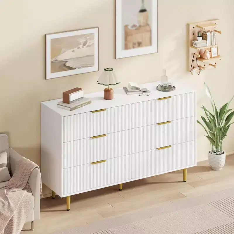 3 Drawer Dresser for Bedroom, 28W Fluted Chest of Drawers with Gold Handles, Wooden Dresser Narrow Nightstand, Clothes Storage Organizer for Bedroom