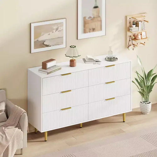 3 Drawer Dresser for Bedroom, 28W Fluted Chest of Drawers with Gold Handles, Wooden Dresser Narrow Nightstand, Clothes Storage Organizer for Bedroom