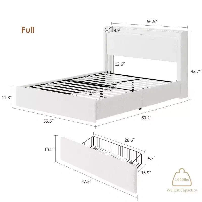 COZONY Full/Queen Boucle Bed Frame with Storage Headboard, Charging Station & LED Lights, No Box Spring