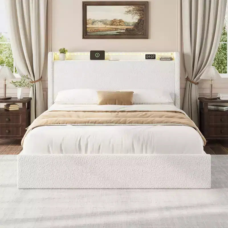 COZONY Full/Queen Boucle Bed Frame with Storage Headboard, Charging Station & LED Lights, No Box Spring