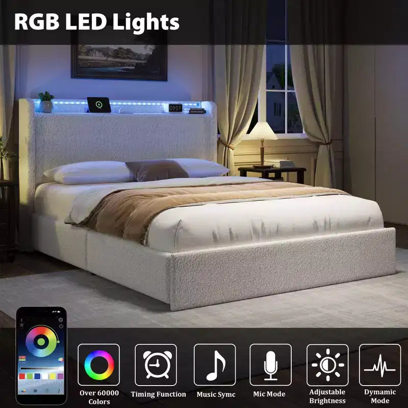 COZONY Full/Queen Boucle Bed Frame with Storage Headboard, Charging Station & LED Lights, No Box Spring
