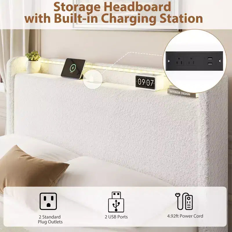 COZONY Full/Queen Boucle Bed Frame with Storage Headboard, Charging Station & LED Lights, No Box Spring