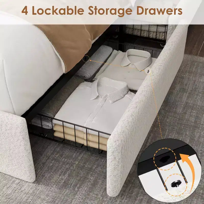 COZONY Full/Queen Boucle Bed Frame with Storage Headboard, Charging Station & LED Lights, No Box Spring