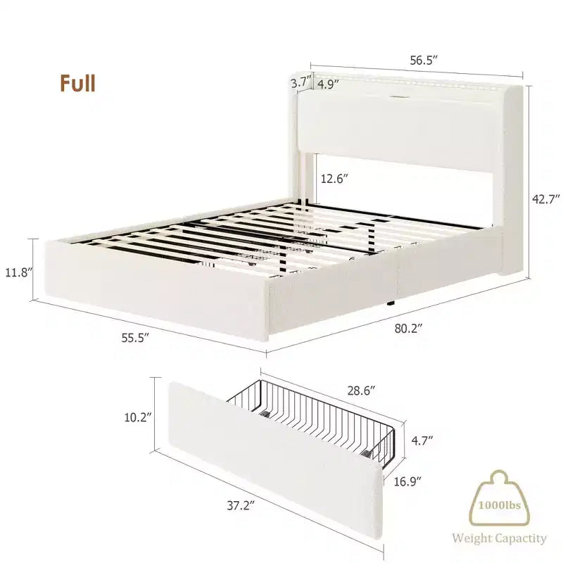 COZONY Full/Queen Boucle Bed Frame with Storage Headboard, Charging Station & LED Lights, No Box Spring
