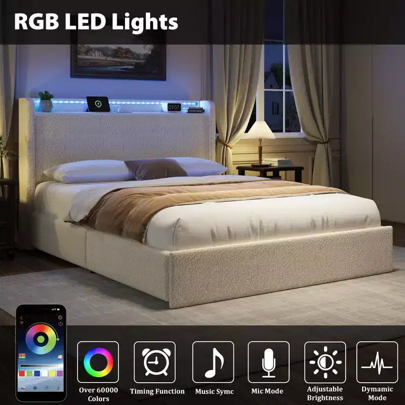 COZONY Full/Queen Boucle Bed Frame with Storage Headboard, Charging Station & LED Lights, No Box Spring