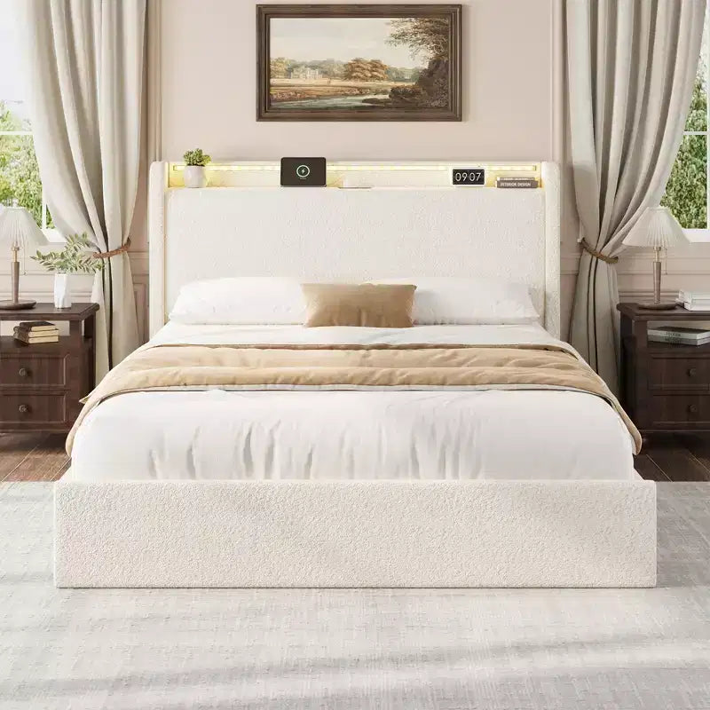 COZONY Full/Queen Boucle Bed Frame with Storage Headboard, Charging Station & LED Lights, No Box Spring