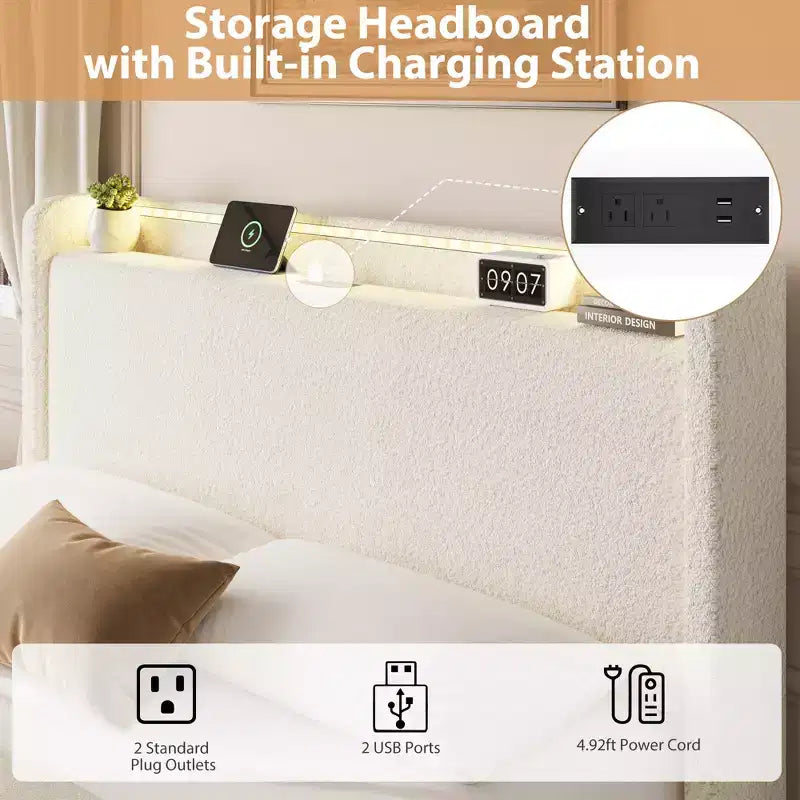 COZONY Full/Queen Boucle Bed Frame with Storage Headboard, Charging Station & LED Lights, No Box Spring