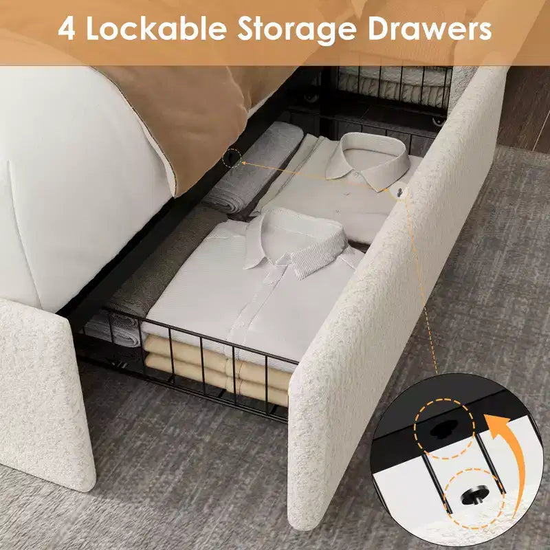 COZONY Full/Queen Boucle Bed Frame with Storage Headboard, Charging Station & LED Lights, No Box Spring