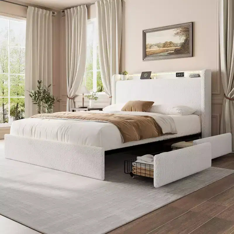 COZONY Full/Queen Boucle Bed Frame with Storage Headboard, Charging Station & LED Lights, No Box Spring