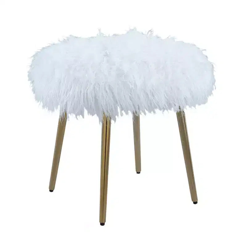 Homy Casa Glam Vanity Stool with Faux Fur Seat & Gold Metal Legs, White